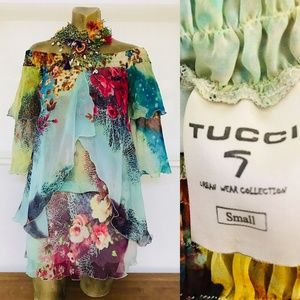 TUCCI Vintage Floral Chiffon OFF SHOULDER  Tunic Top / MINI DRESS S